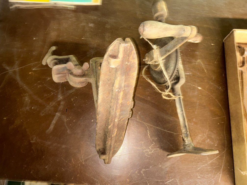 Antique shoulder drill, antique saw vise