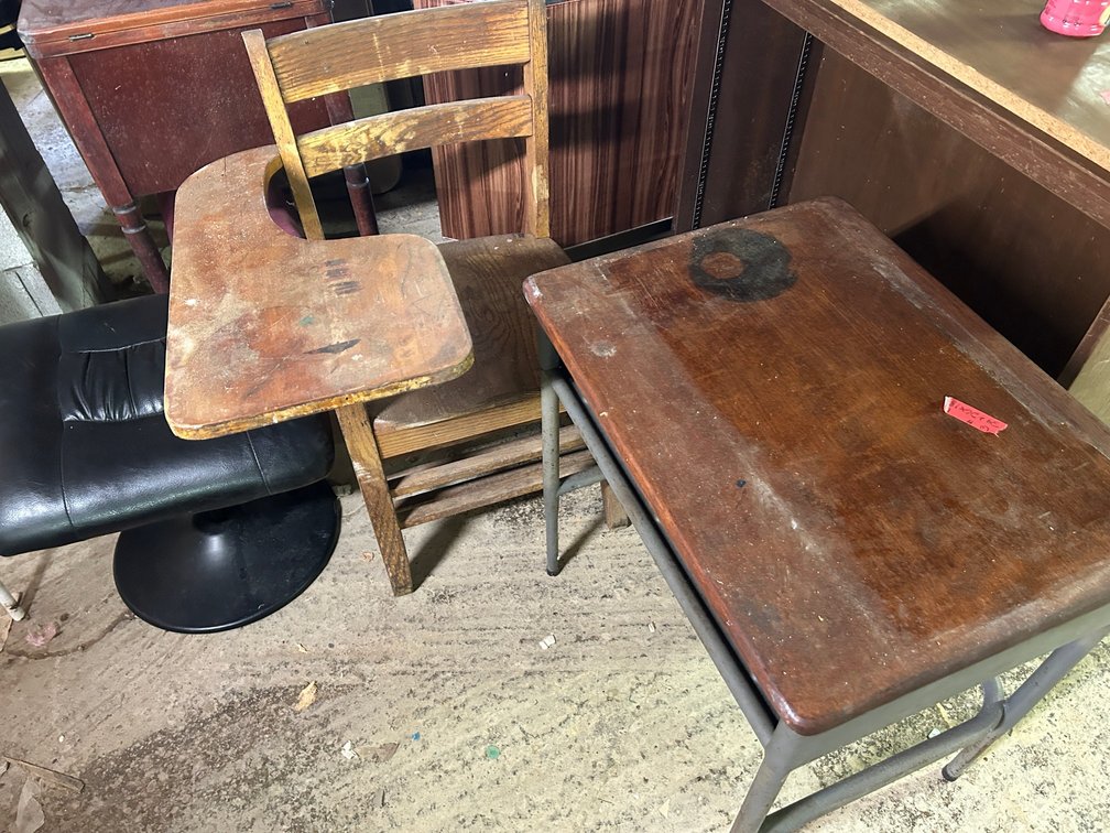 Old school desk, portable ottoman, small table