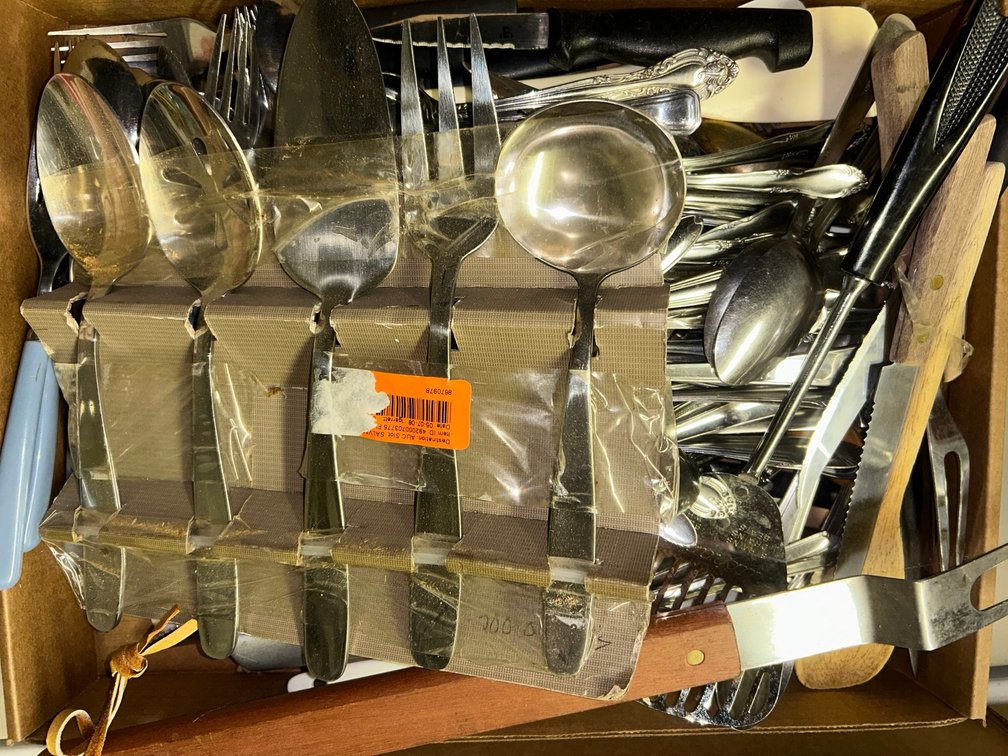 Mixed lot of knives, flatware, serving pieces