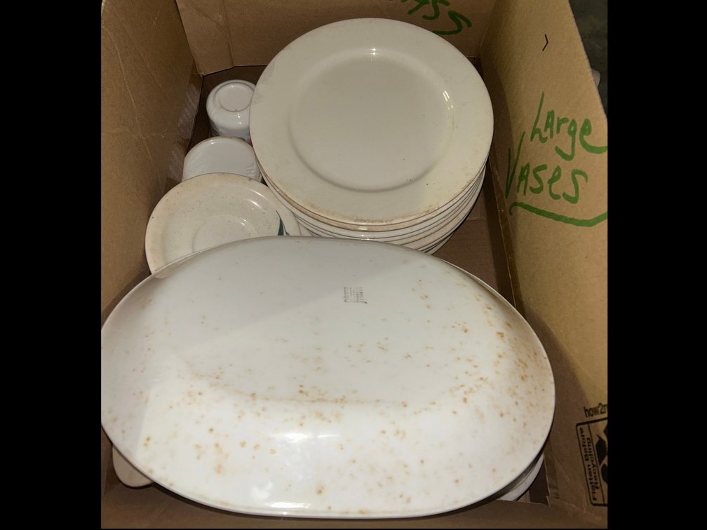 No spill coffee cup with anchor, Corelle platter, saucers, plates