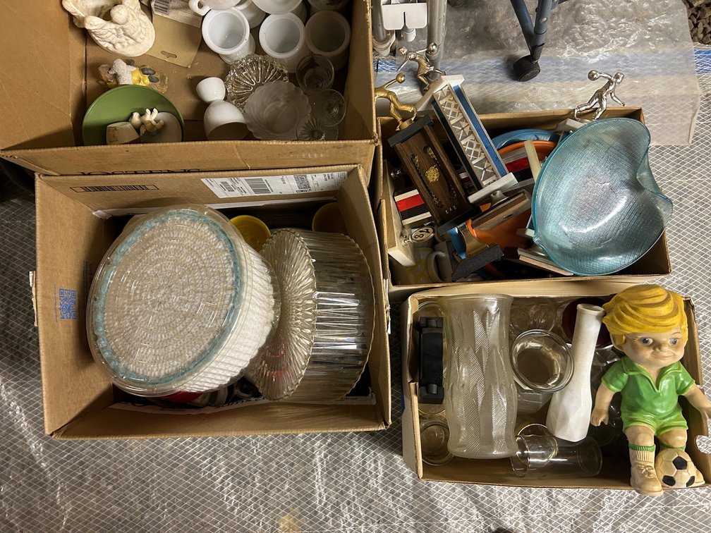 Vases, cake plates, trophies, bowls, clock