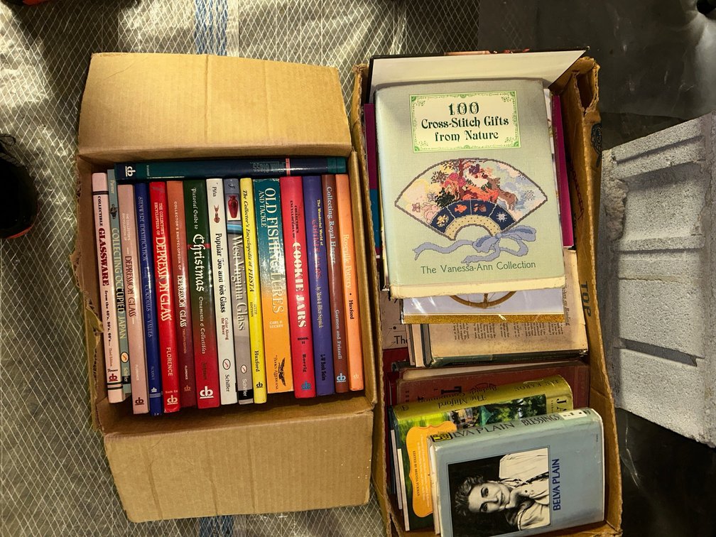 Cross stitch books, cookbooks, Roseville pottery Hager cookbooks, cookie jars cookbooks, fishing lures books, WV glass books, depression glass books
