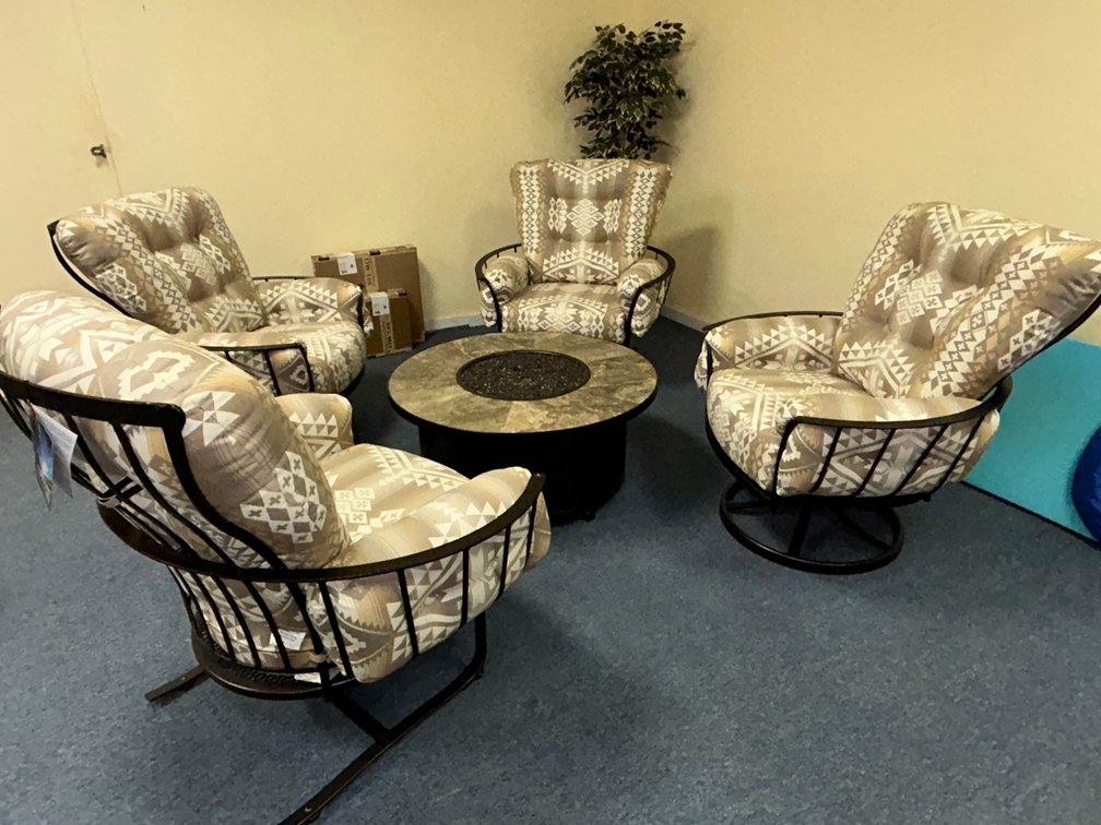 Patio furniture-OW Lee Monterra spring base chairs and swivel rocker lounge chair with fire pit and accessories