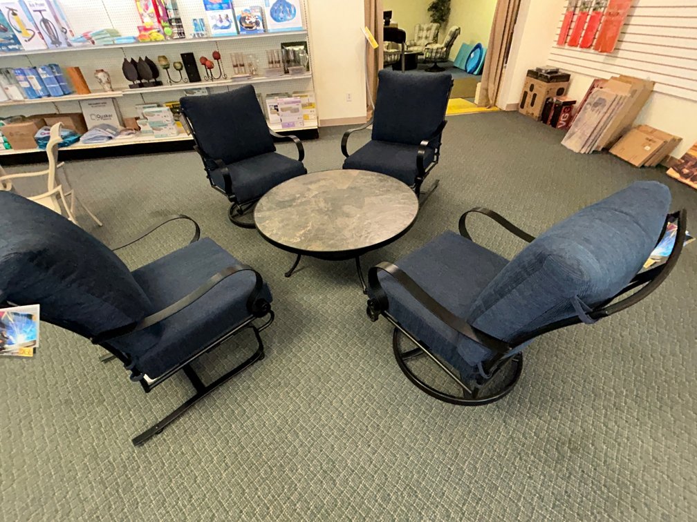 OW Lee Marquette swivel rocker lounge chair and spring base lounge chairs with 42" round coffee table
