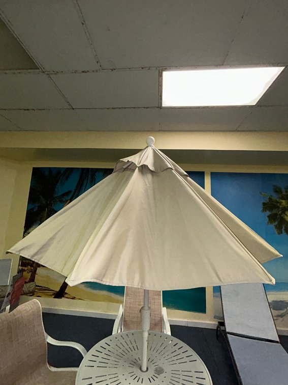 Patio furniture Treasure Garden 7 1/2' Market umbrella-push button tilt, white frame, Khaki fabric-#UM9073-482