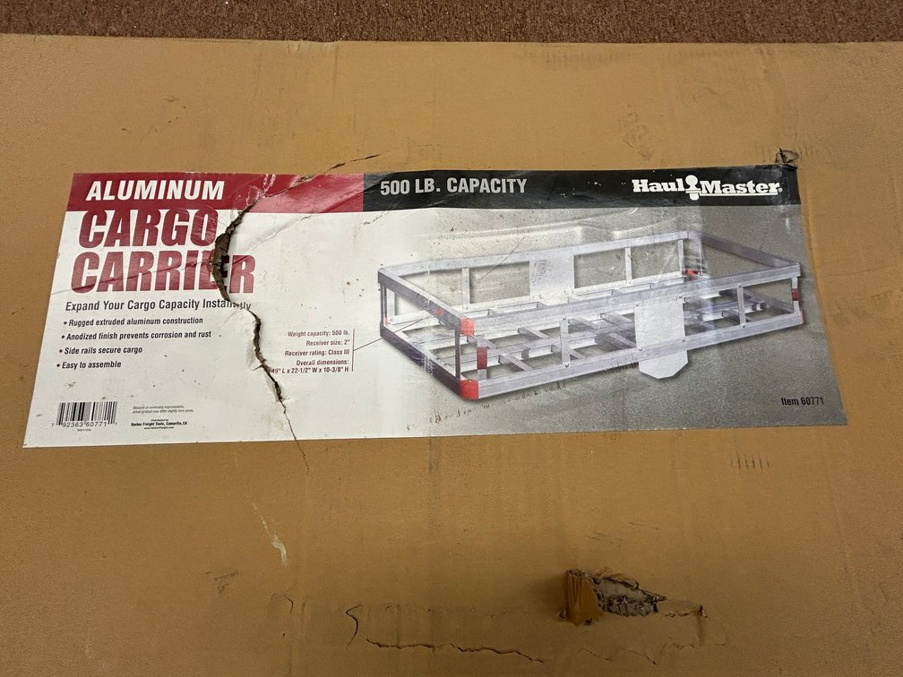 Haul-Master aluminum cargo carrier, 500 pound capacity, new in box