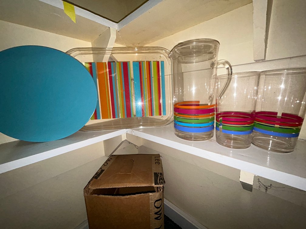 2 Blue plates, 1 striped tray, 1 striped pitcher, 2 striped tumblers