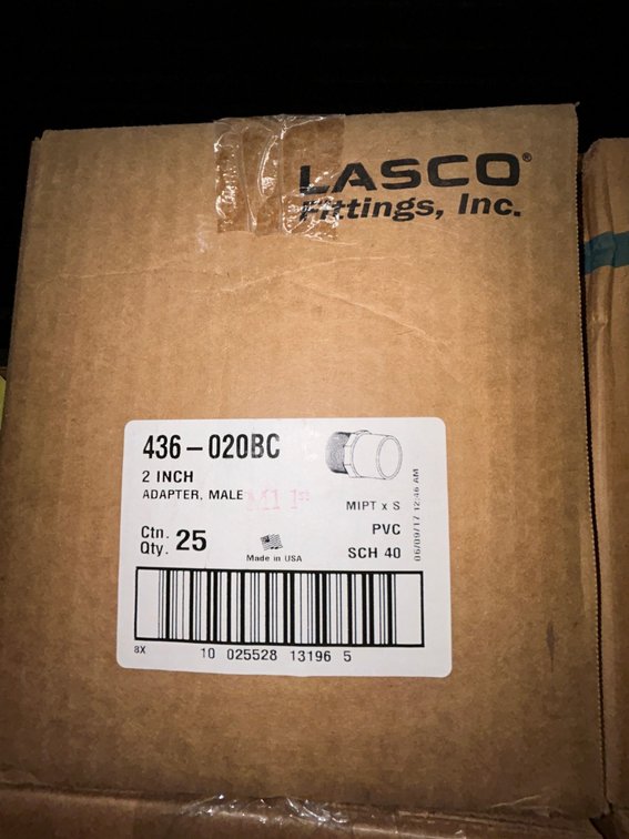Lasko Westlake PVC SCH40 fittings-436-020BC-2" adapters, male, MIPT X S-box of 25