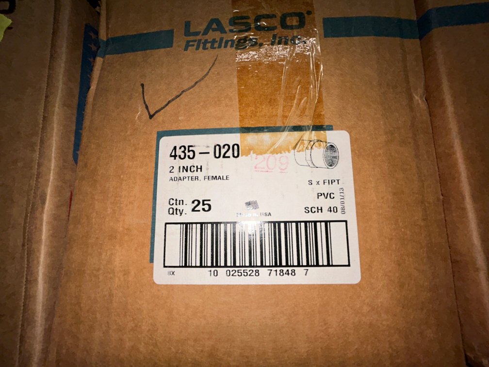 Lasko Westlake PVC SCH40 fittings-435-020, 2" adapter, female sockets, X FIPT-box of 25