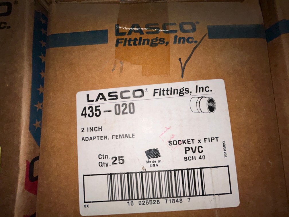 Lasko Westlake PVC SCH40 fittings-435-020, 2" adapter, female sockets, X FIPT-box of 25