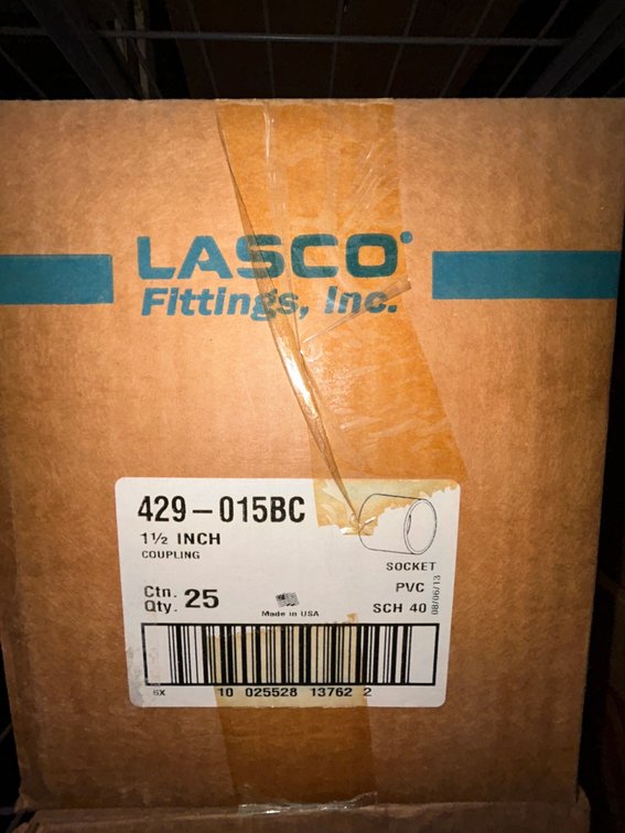 Lasko Westlake PVC SCH40 fittings-429-015BC, 1 1/2" coupling socket-box of 25