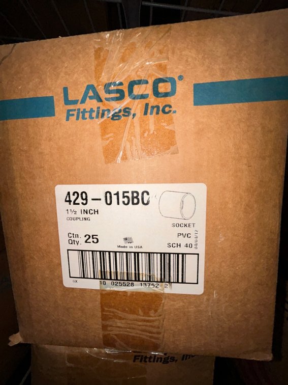Lasko Westlake PVC SCH40 fittings-429-015BC, 1 1/2" coupling socket-box of 25