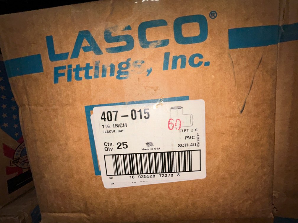 Lasko Westlake PVC SCH40 fittings-407-015, 1 1/2" elbow 90 degree FIPT X S-box of 25