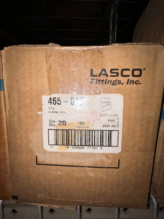 Lasko Westlake PVC SCH40 fittings-465-015, 1 1/2" elbow, 22 1/2 degrees, slip x slip, box of 20