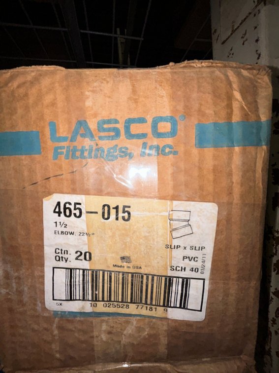 Lasko Westlake PVC SCH40 fittings-465-015, 1 1/2" elbow, 22 1/2 degrees, slip x slip, box of 20