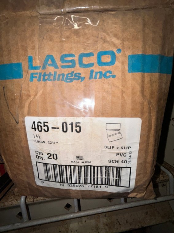 Lasko Westlake PVC SCH40 fittings-465-015, 1 1/2" elbow, 22 1/2 degrees, slip x slip, box of 20