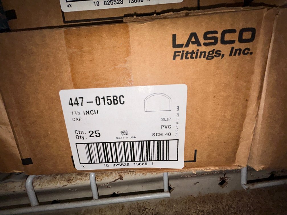Lasko Westlake PVC SCH40 fittings-447-015BC, 1 1/2" cap slip-box of 25