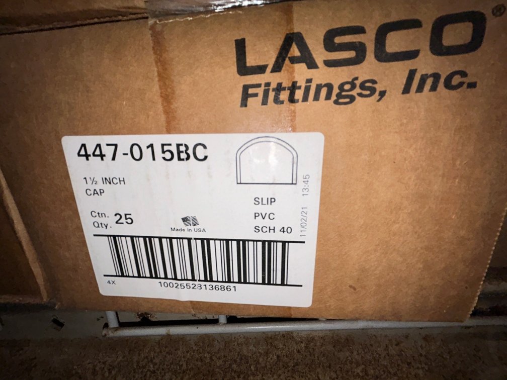 Lasko Westlake PVC SCH40 fittings-447-015BC, 1 1/2" cap slip-box of 25