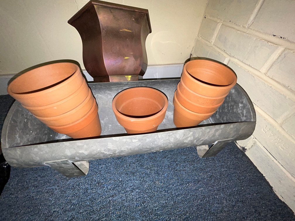 Galvanized shallow plant tray, Terra Cotta pots, metal plant container