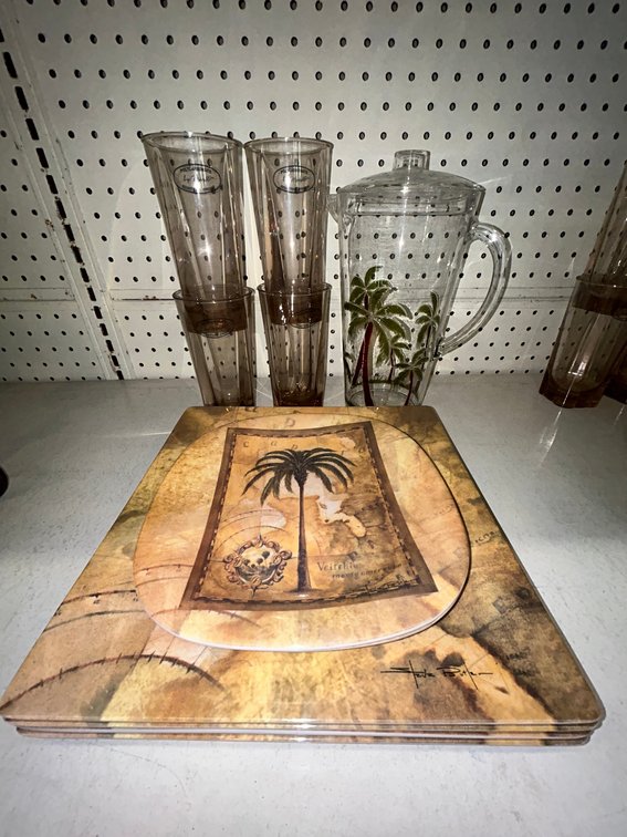 Patio dishes-set of 4-Merritt Palm Passage 11" plates, 4 Merrit Palm Passage 8" plates, 4 Merritt 17 ounce tumblers, 1 Merritt Palm Breeze 2.5 quart pitcher