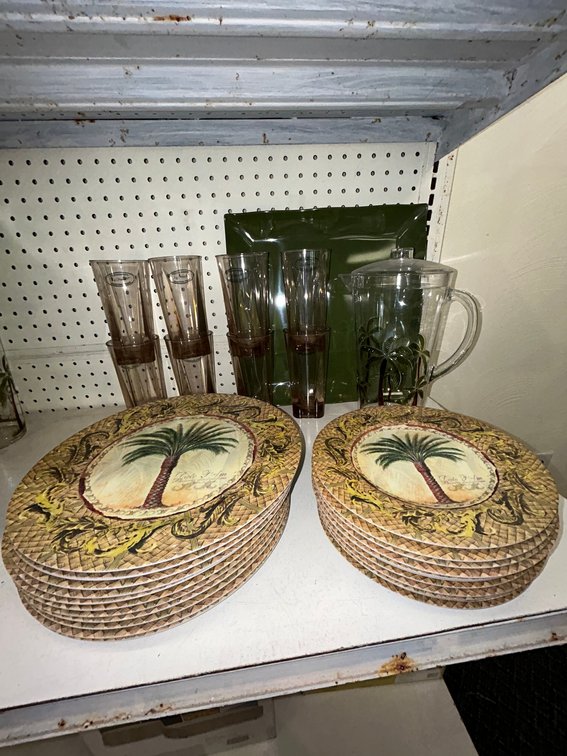 Patio dishes-set of 11 Merritt Majestic Palm 11" plates, 10 Merritt Majestic Palm 8" round plates, 8 Merritt 17 ounce tumblers, 1 Merritt Palm Breeze 2.5 quart pitcher, 1 Merritt bamboo textured tray