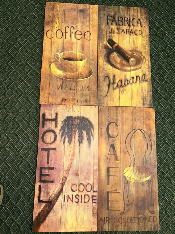 Gift Craft fabric wall hangings-Habana 867816, Coffee 867815, Caf\uFFFd 867814, Hotel 867813-still partially wrapped
