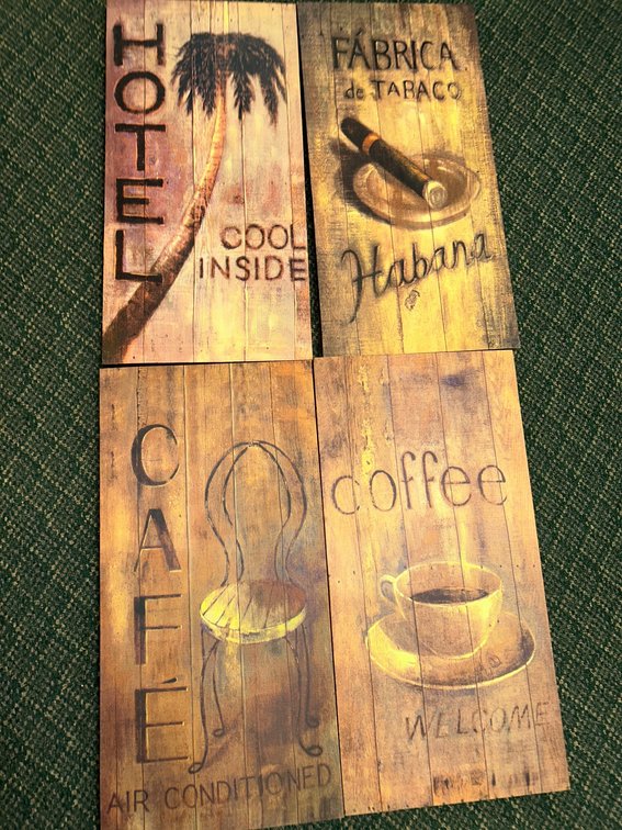 Gift Craft fabric wall hangings-Habana 867816, Coffee 867815, Caf\uFFFd 867814, Hotel 867813-still partially wrapped