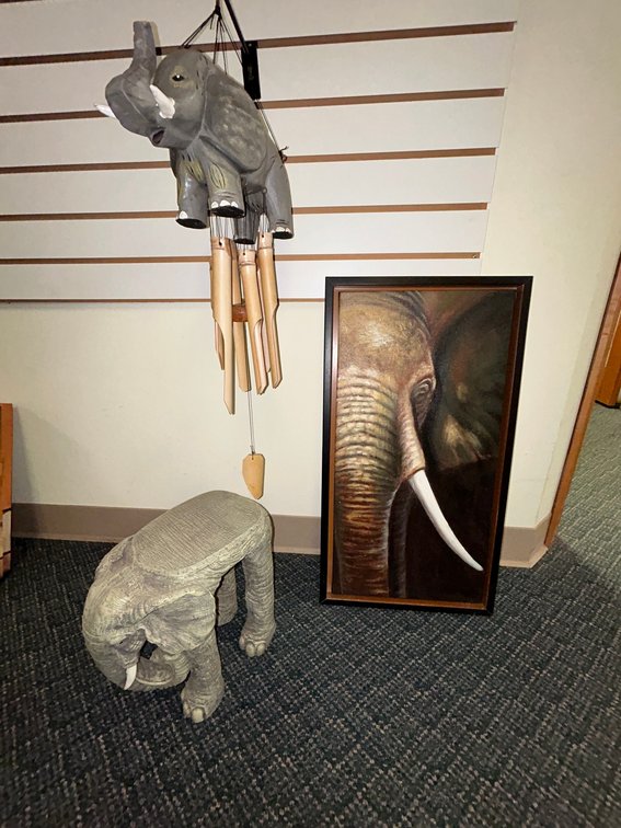 Home decorative items-elephant items, plant stand, wood chimes, elephant fabric wall art which has some defects