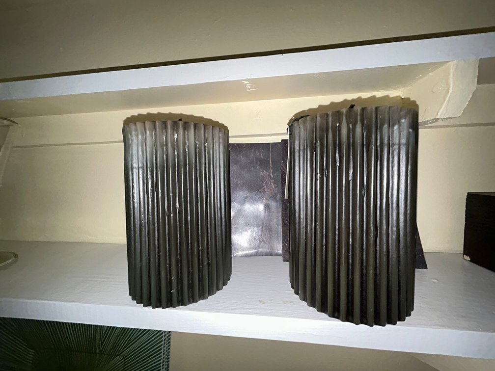 2 Ceylon 6" dark tone candle bases-model #64230, 2 Zimbali 4"x6" pillar candles-moss green-unscented