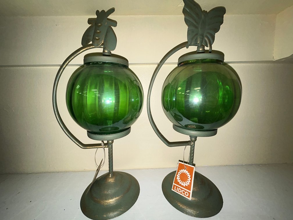 Home Decorative 2 Lidco Company glass and metal candle holders-green color on metal is tarnished