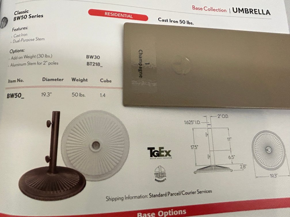 Treasure Garden classic umbrella base-cast iron-champagne color-50 pounds-model #BW501
