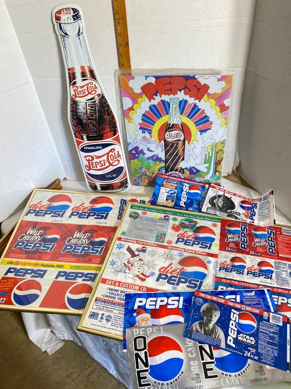 Pepsi-Cola collectibles-2 tin signs, framed Pepsi labels