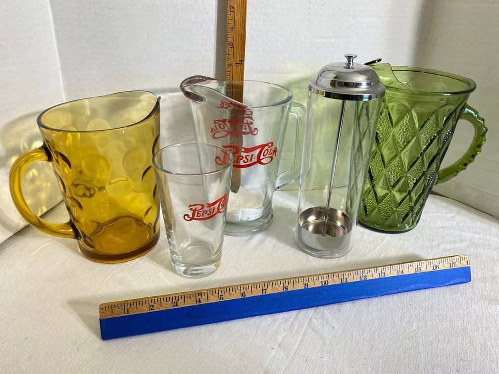 Pepsi-Cola glass pitcher, glass mug, straw holder, other pitchers