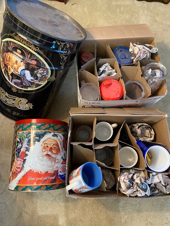 2 Pepsi-Cola tins-1 is Sparkling Beverage, other is Santa Claus, assortment of Pepsi-Cola mugs and glasses