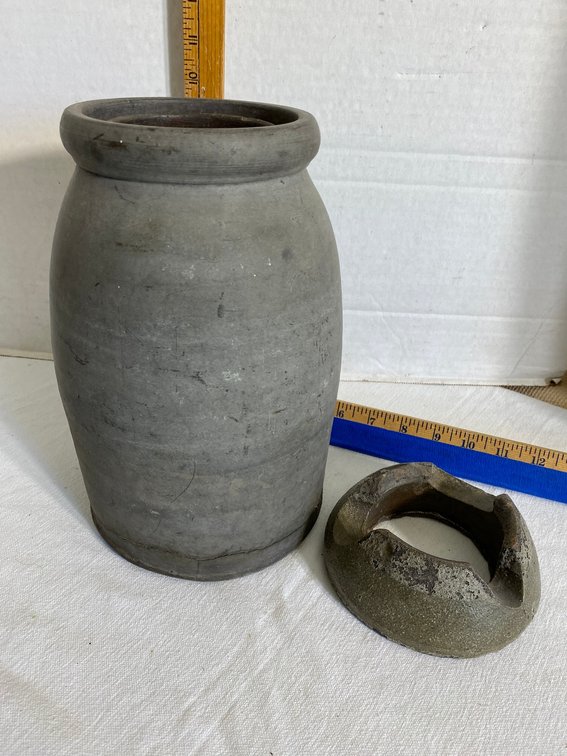 Stoneware crock-approx. 10" tall**bottom has major crack line around it**, also base piece