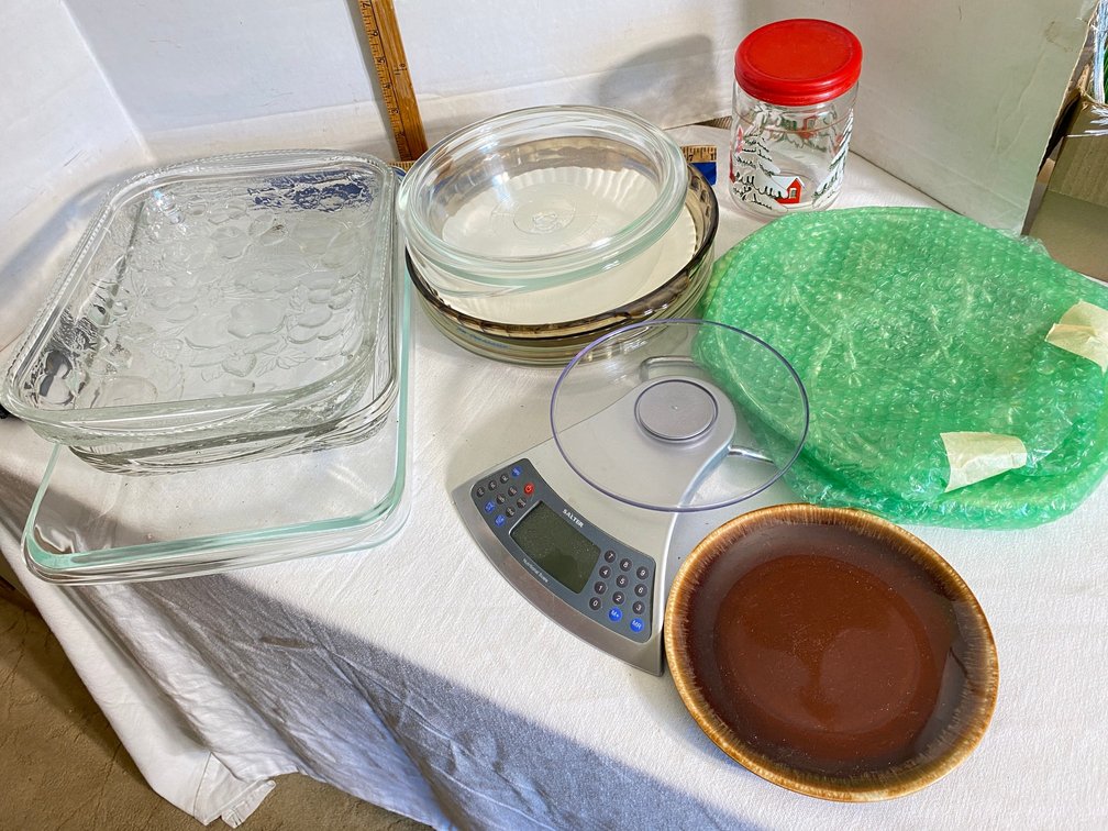 Digital food scale, glass casseroles, pie plates