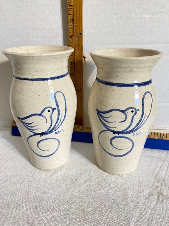 2 New Geneva stoneware vases-signed-8 1/2" tall