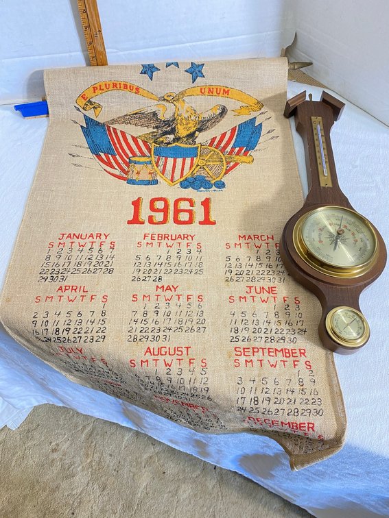Burlap style 1961 calendar, barometer