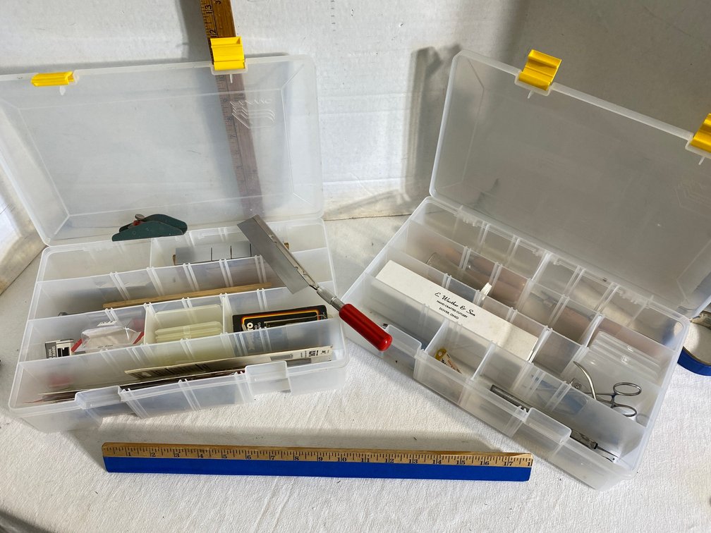 2 Plastic divided containers with precision cutting supplies, X-Acto knives