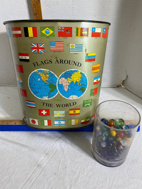 Vintage metal waste can-called Flags Around The World-made by C.S. Hammond and Company, NY, assorted marbles and beads