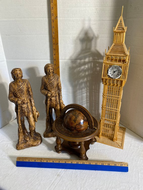 2 Ceramic style Frontiersmen statues-15" tall, small Old World globe, Big Ben style replica clock made of craft-type sticks
