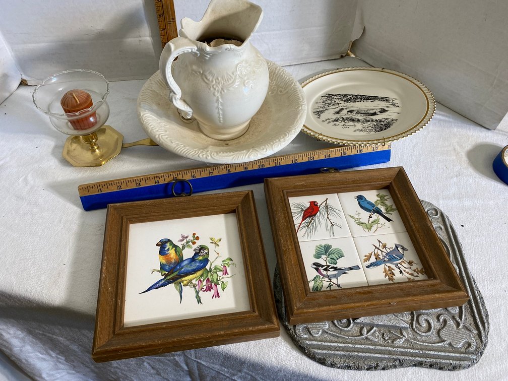 Fort Necessity collector plate, small pitcher and bowl, decorative bird, wall hangings, candle