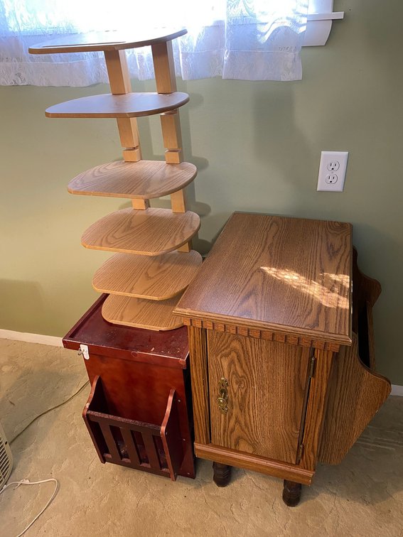 Pressed wood lamp stand with side magazine rack, smaller side table with magazine rack, shelf