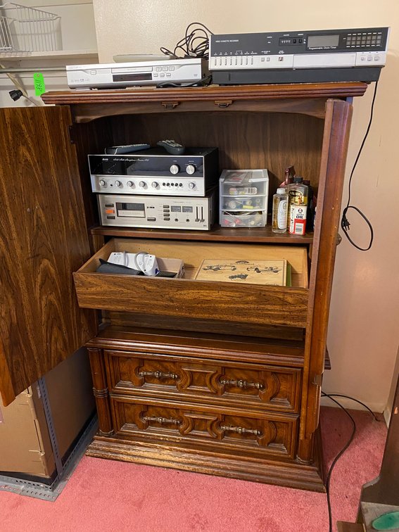 Clothing chest with contents of-electronics, Sharp DVD/CD player, Montgomery Wards video set recorder, Allied Solid State Stereophonic receiver-model 490, Realistic TR-801 8-track player, with accessories