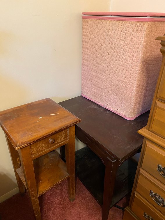 2 Side tables-1 is small table with drawer-14" x 14", other has castor wheels-25" x 22", clothes hamper
