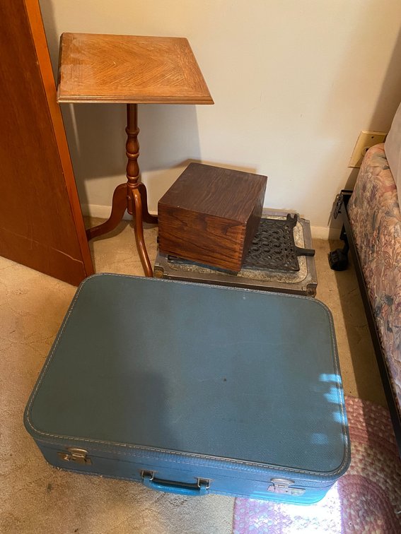 Vintage suitcase, cast iron treadle sewing machine pedal, cast aluminum step, small table, wooden index box