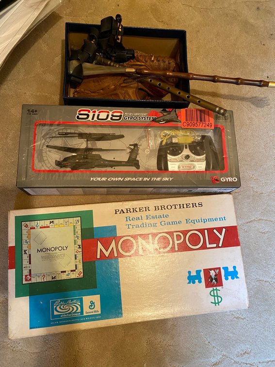 Vintage Monopoly game, Gyro System model S109 remote control helicopter, shoehorn, head lamp, baseball glove-Ferguson Jenkins model Rawlings GL-89