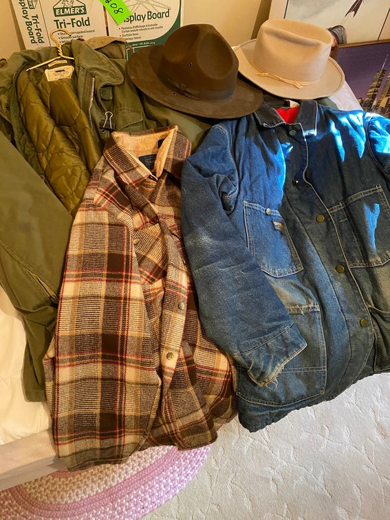 Vintage men's Oshkosh coat, Sears flannel, Military coat with liner, hats