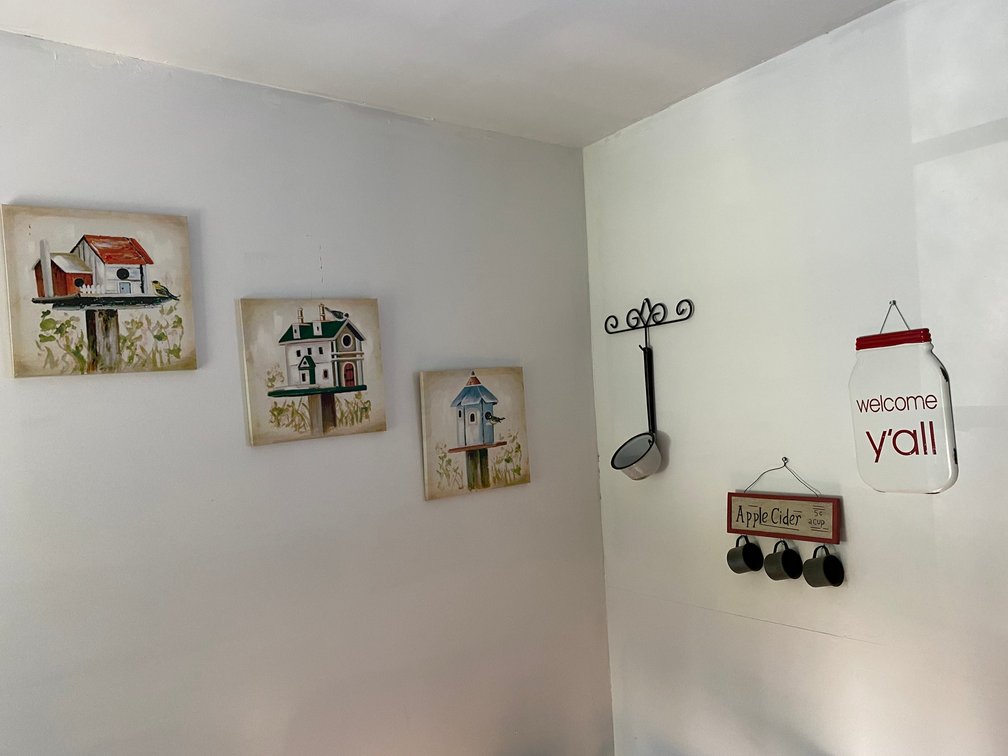 Wall decorations, granite ladle, apple cider cups, canvas birdhouse prints
