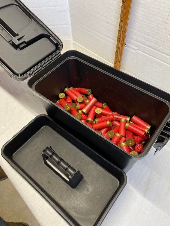 Plastic box with 12 gauge shotgun shells